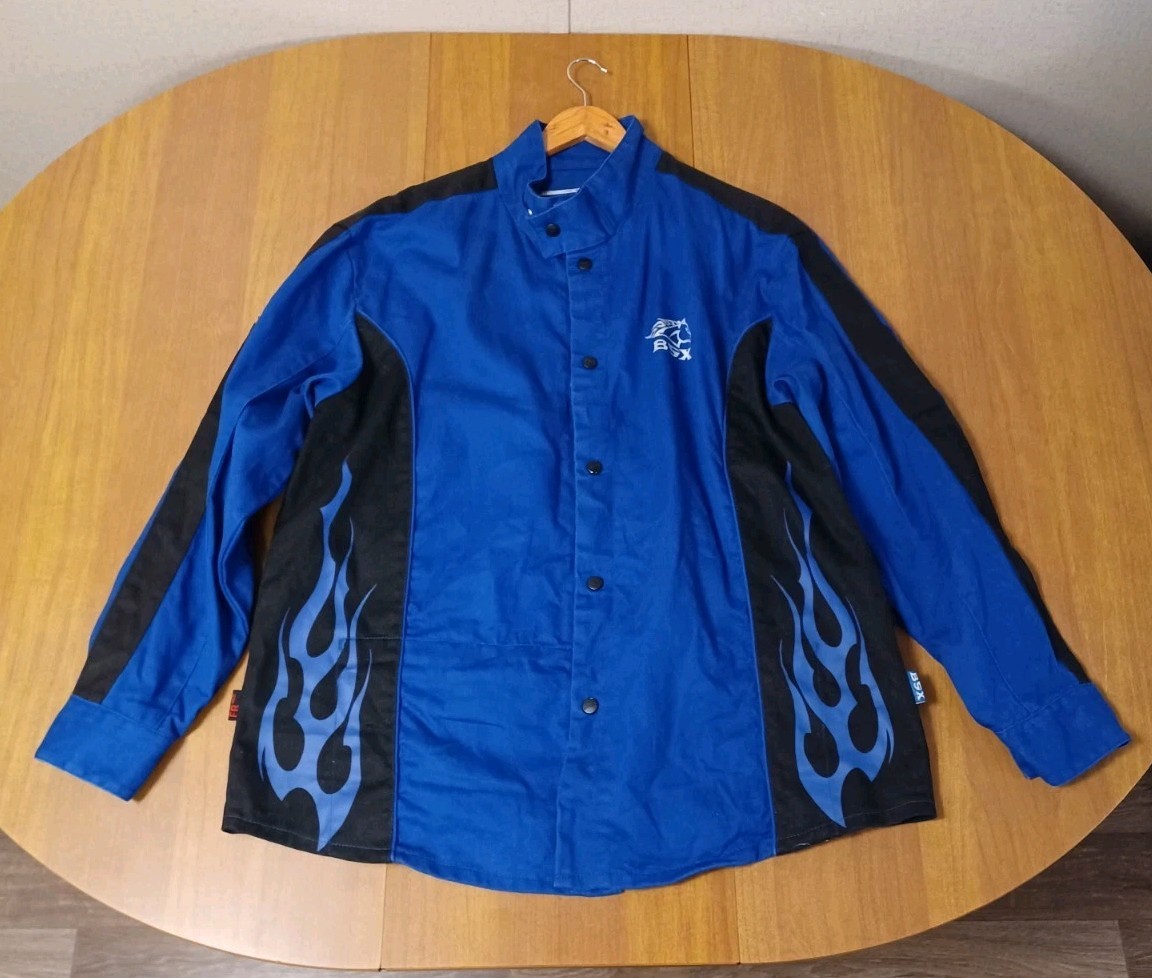 BSX FR Welding Jacket Mens XL Blue Flames Black Stallion Revco Workwear
