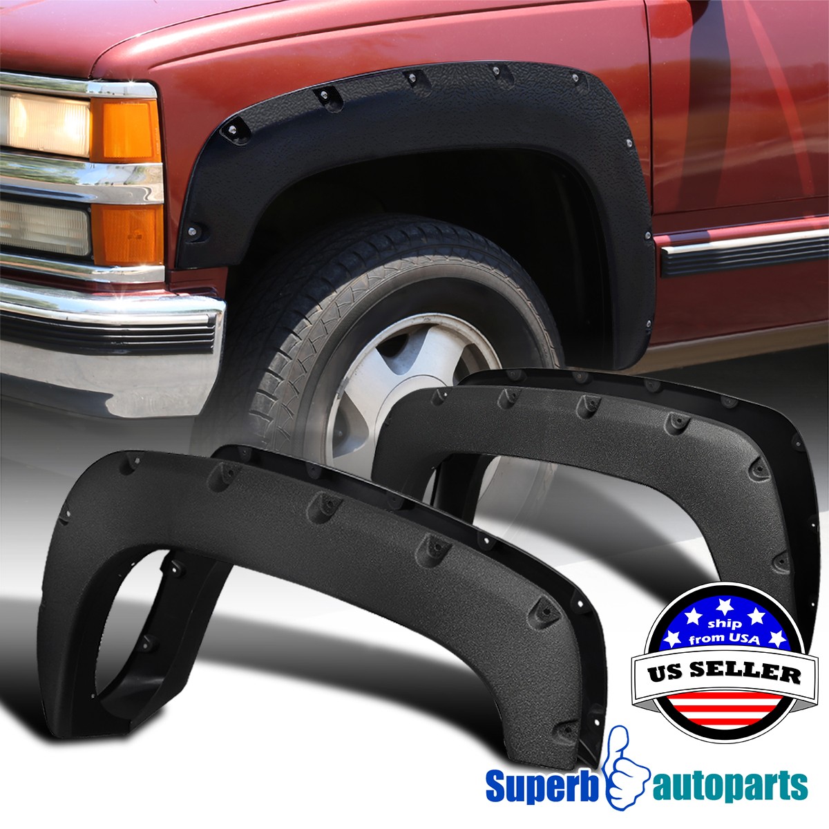 Fits 88-98 Chevy GMC C/K 1500 Pickup 4PC Tough Finish Pocket Rivet Fender Flares