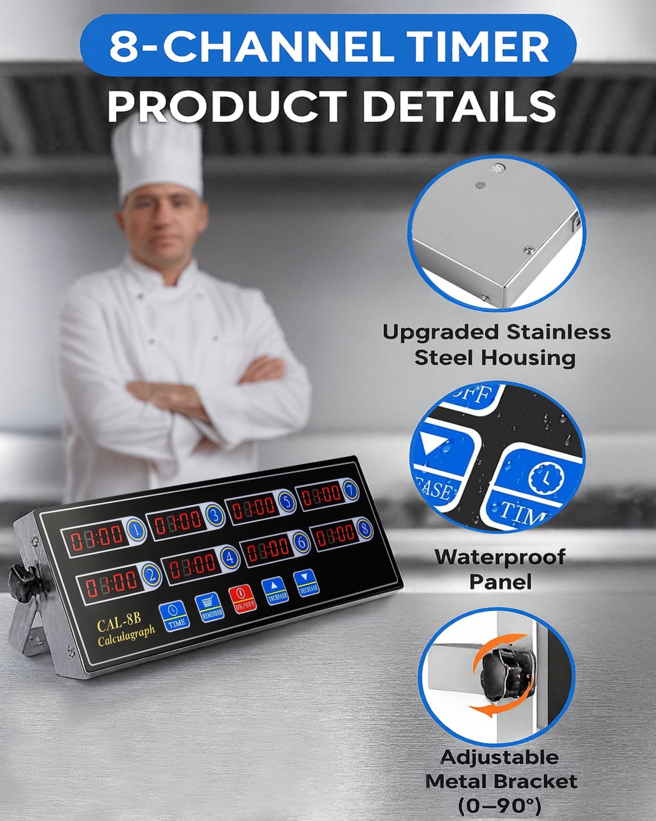 8-Channel Digital Kitchen Timer, Stainless Steel Countdown Timer with Loud Alarm