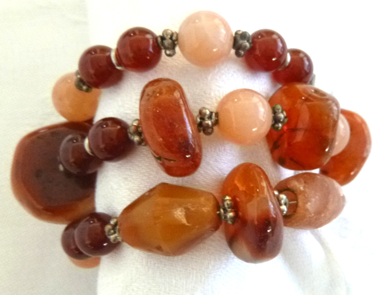 Artisan Carnelian & Jade Adjustable Wrap Bracelet 800 Silver Spacers/Endcaps