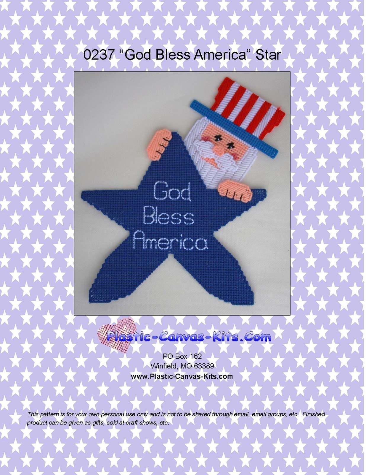 "God Bless America" Star- Uncle Sam-Patriotic-Plastic Canvas Pattern or Kit