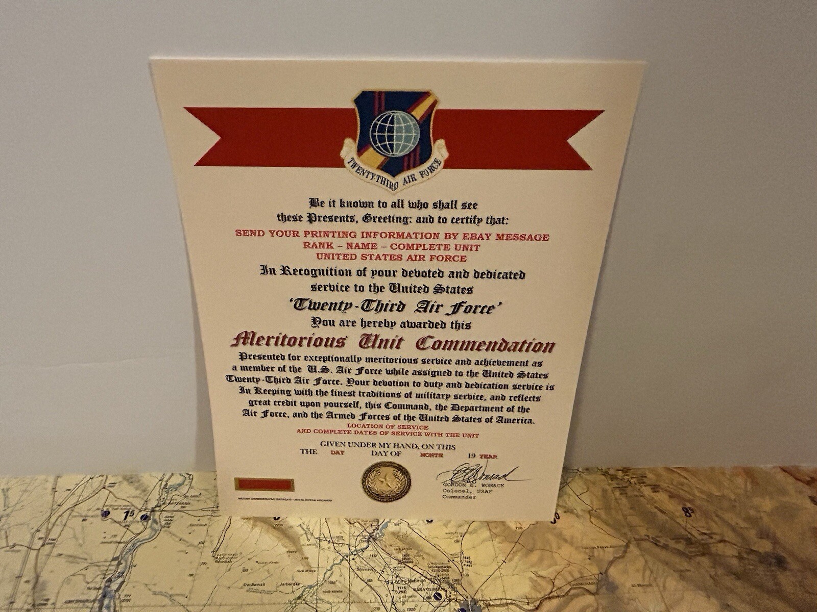 U.S. AIR FORCE / 23RD AIR FORCE - MERITORIOUS UNIT COMMENDATION CERTIFICATE