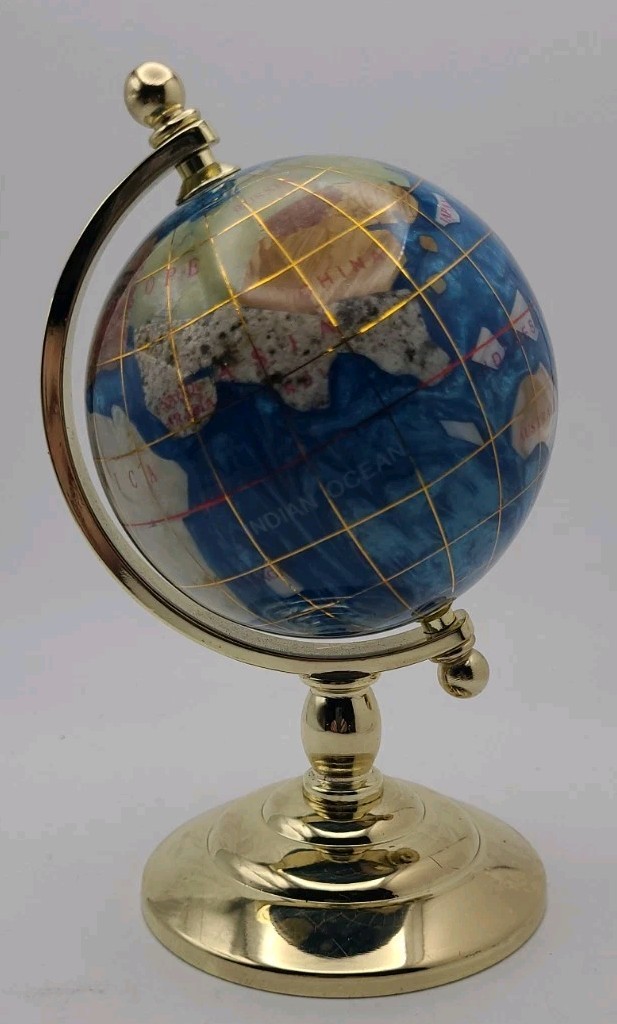 Vintage Inlaid Gemstone Globe World Map Semi Precious Stones Desktop Globe 6" H