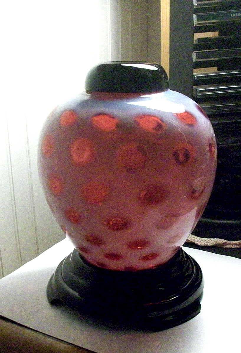 Vintage FENTON cranberry opalescent coin dot jar black lid &stand 3 pcs RARE HTF