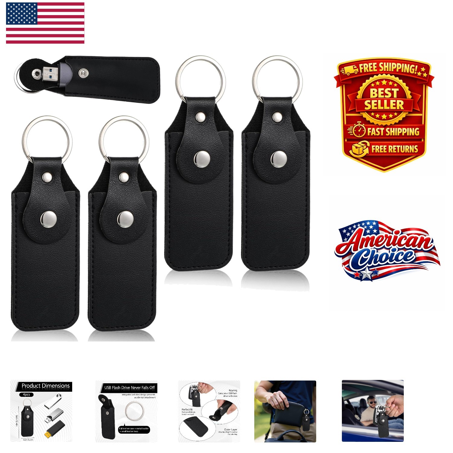 4-Pack Leather USB Drive Case, Stylish Portable Storage with Keychain in Black
