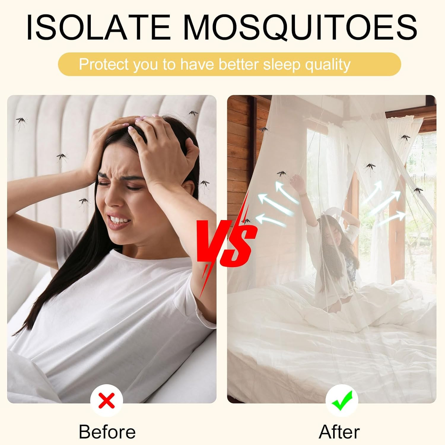 Bed Mosquito Net Rectangular Canopy Drapes with Hook Nylon Rope for Single Tw...