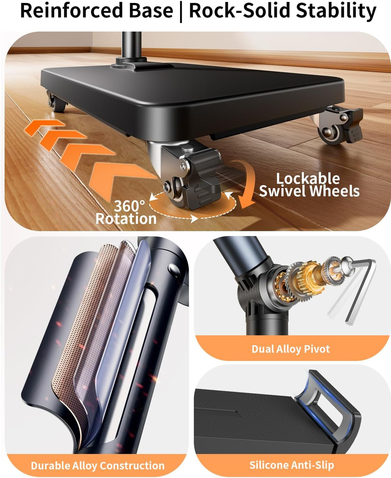 Rolling Tablet Floor Stand with Wheels, Adjustable Aluminum Arm, 360° Rotation