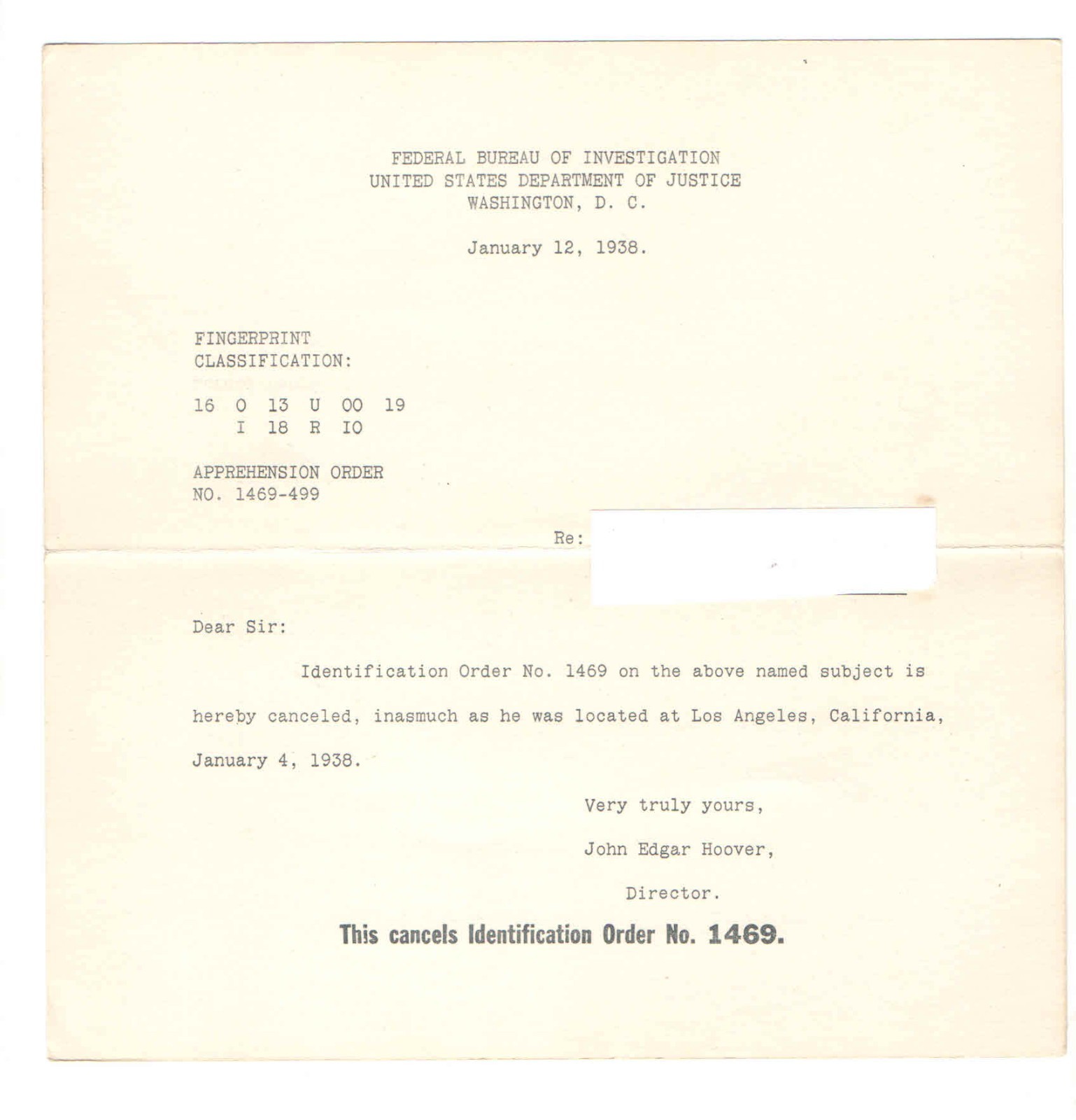 1938 FBI Hoover Letter - Apprehension Order Cancelled