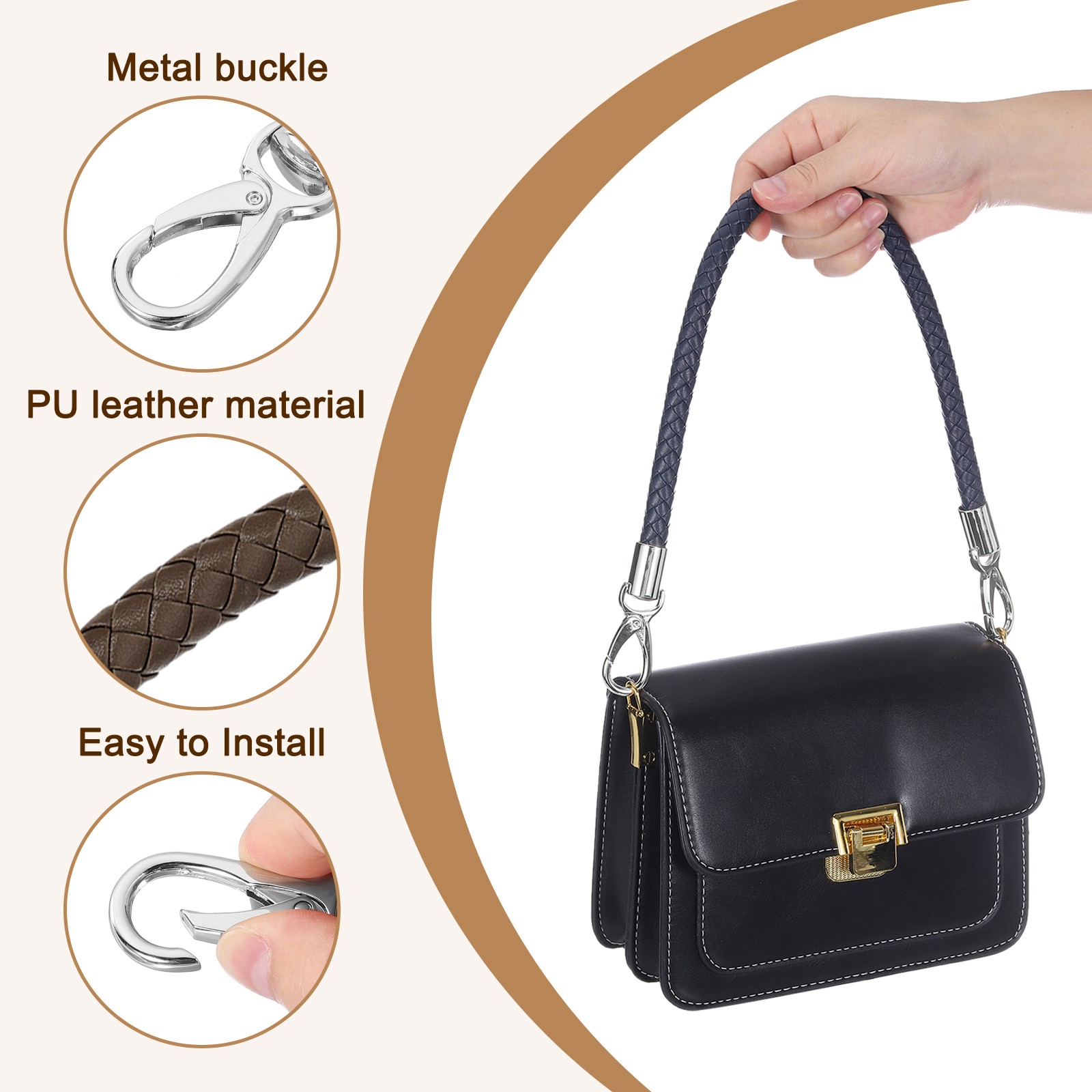 2Pcs 50cm Short Leather PU Braided Purse Replacement (Dark Coffee, Silver)
