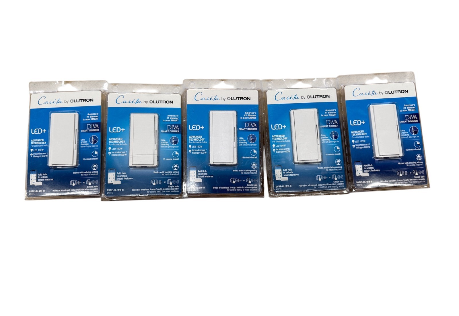 5 PCS Lutron Caseta Diva Smart Dimmer Switch DVRF-6L-WH-R White 150W LED/600W