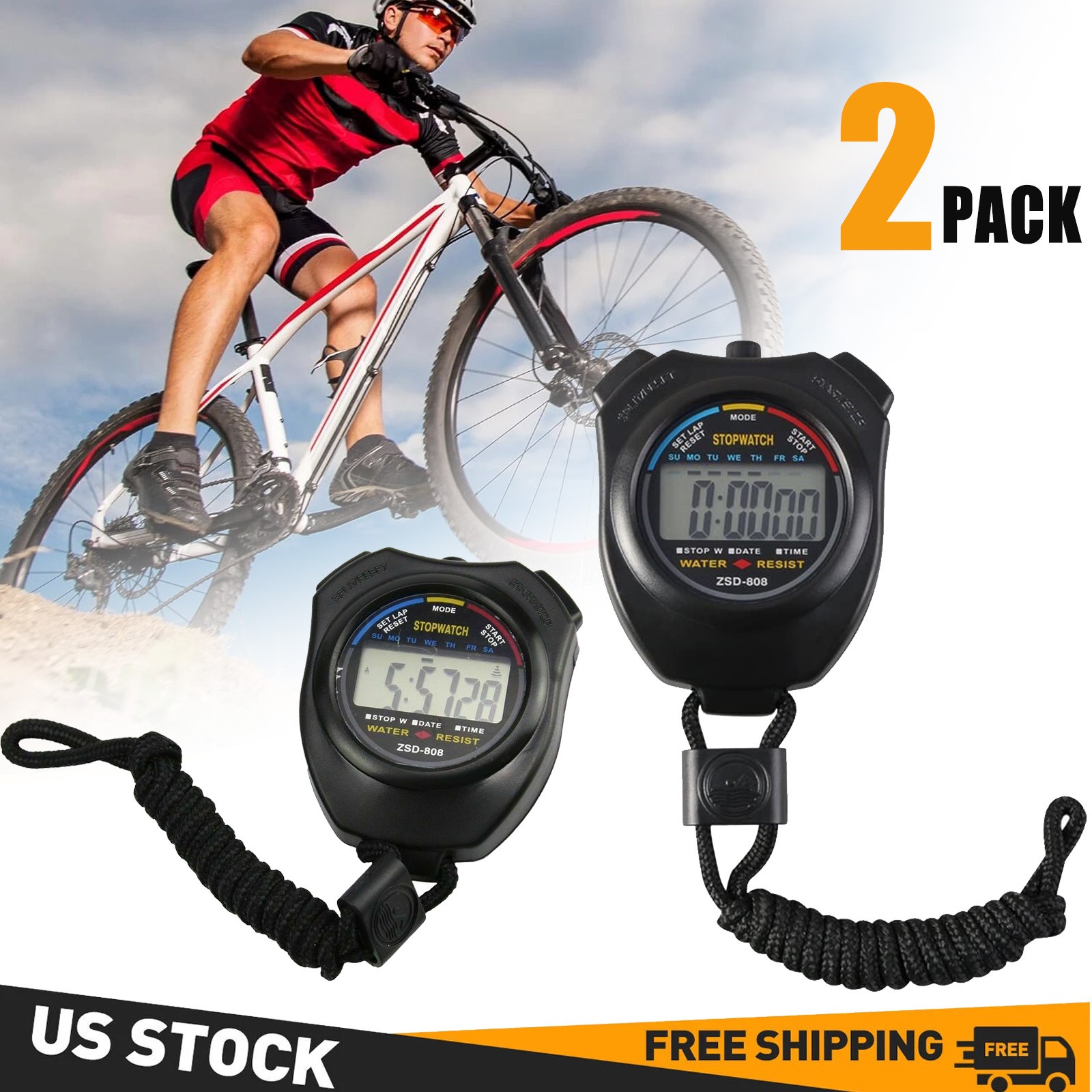 PAck of 2 LED Digital Sports Stopwatch Timer Large Display Odometer Watch USA