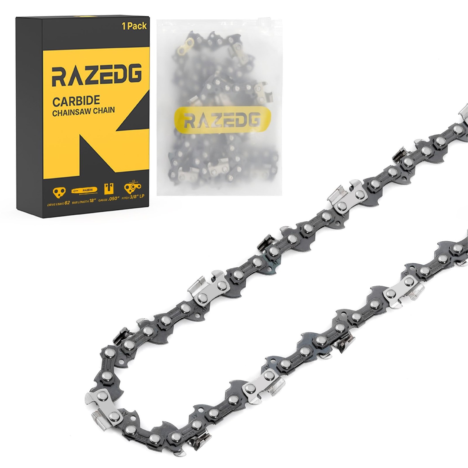 18 Inch Carbide Chainsaw Chain, 3/8" LP Pitch, .050" Gauge, 62 Drive Links, F...