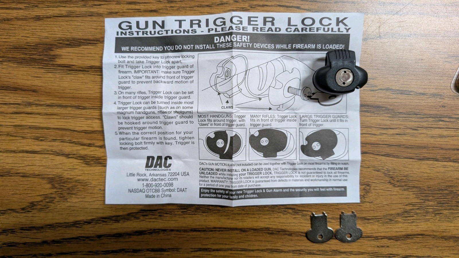 DAC Universal Gun Trigger Lock w/ 2 Keys Firearm Safety Lock Open Box