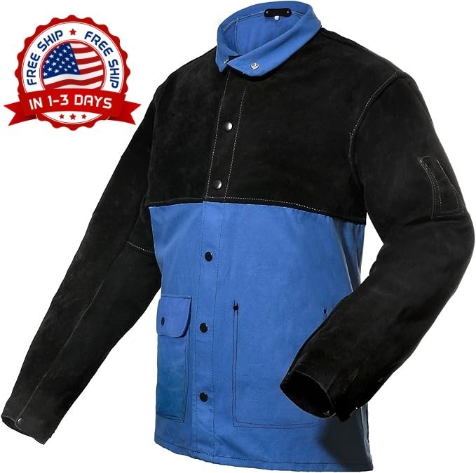 Chaqueta de soldador con mangas de cuero partido y cuerpo de algodón ignífugo.