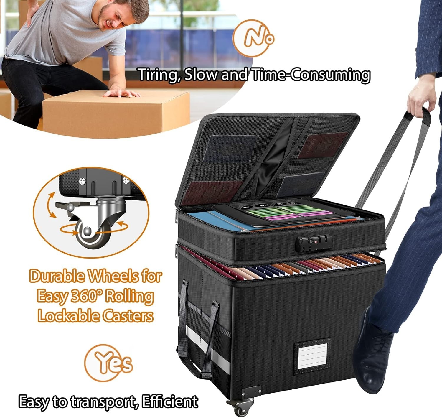 Collapsible Fireproof File Box with Lock and Wheels - Secure Document Storage