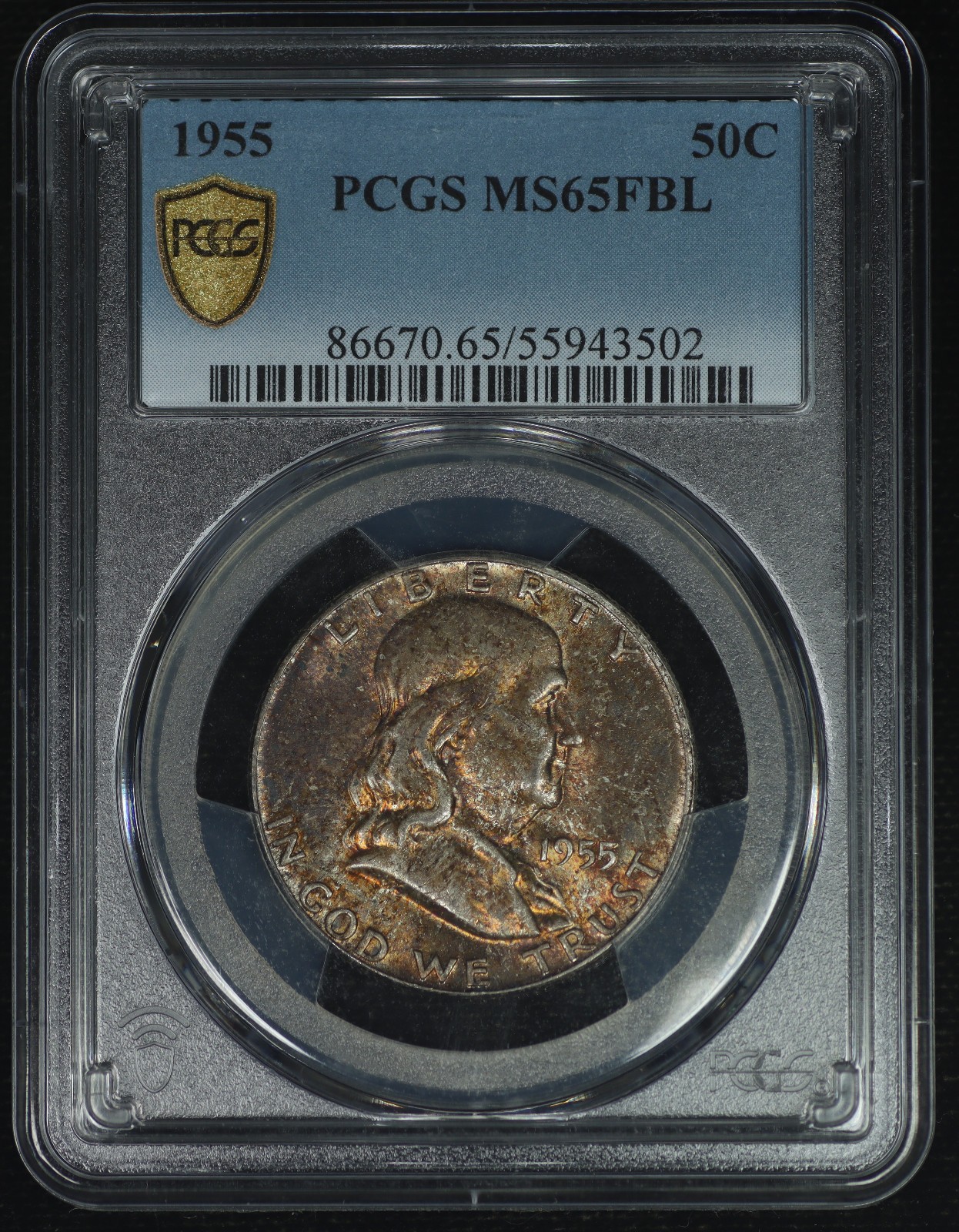 Franklin Silver Half Dollar. 1955 P. PCGS MS65FBL. Colorful Toning. 9065-354-502