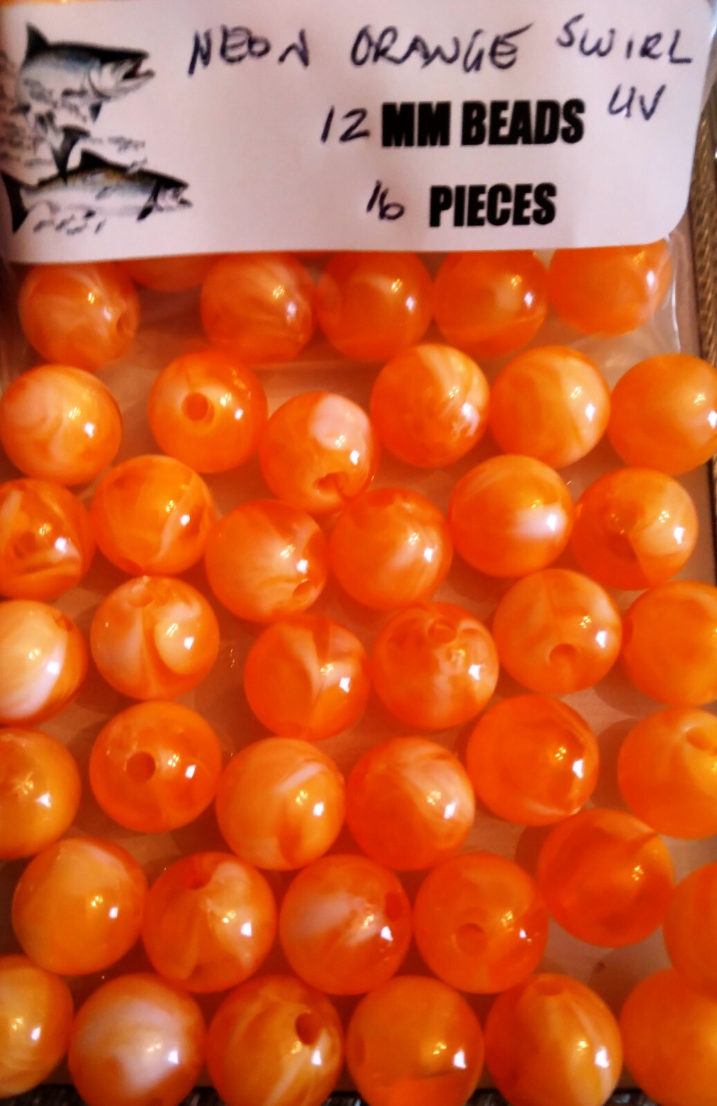 UV Neon Milky Orange Swirl Acrylic Trout/Salmon/Steelhead Bead 12mm 16Ct egg roe