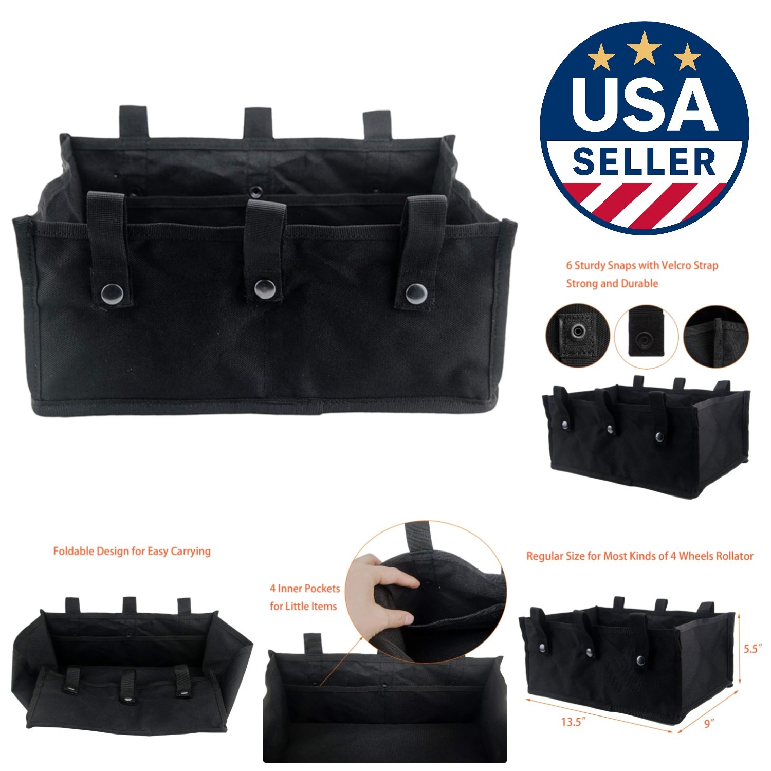 Versatile Black Rollator Walker Underseat Pouch - Easy Attachment & Organization