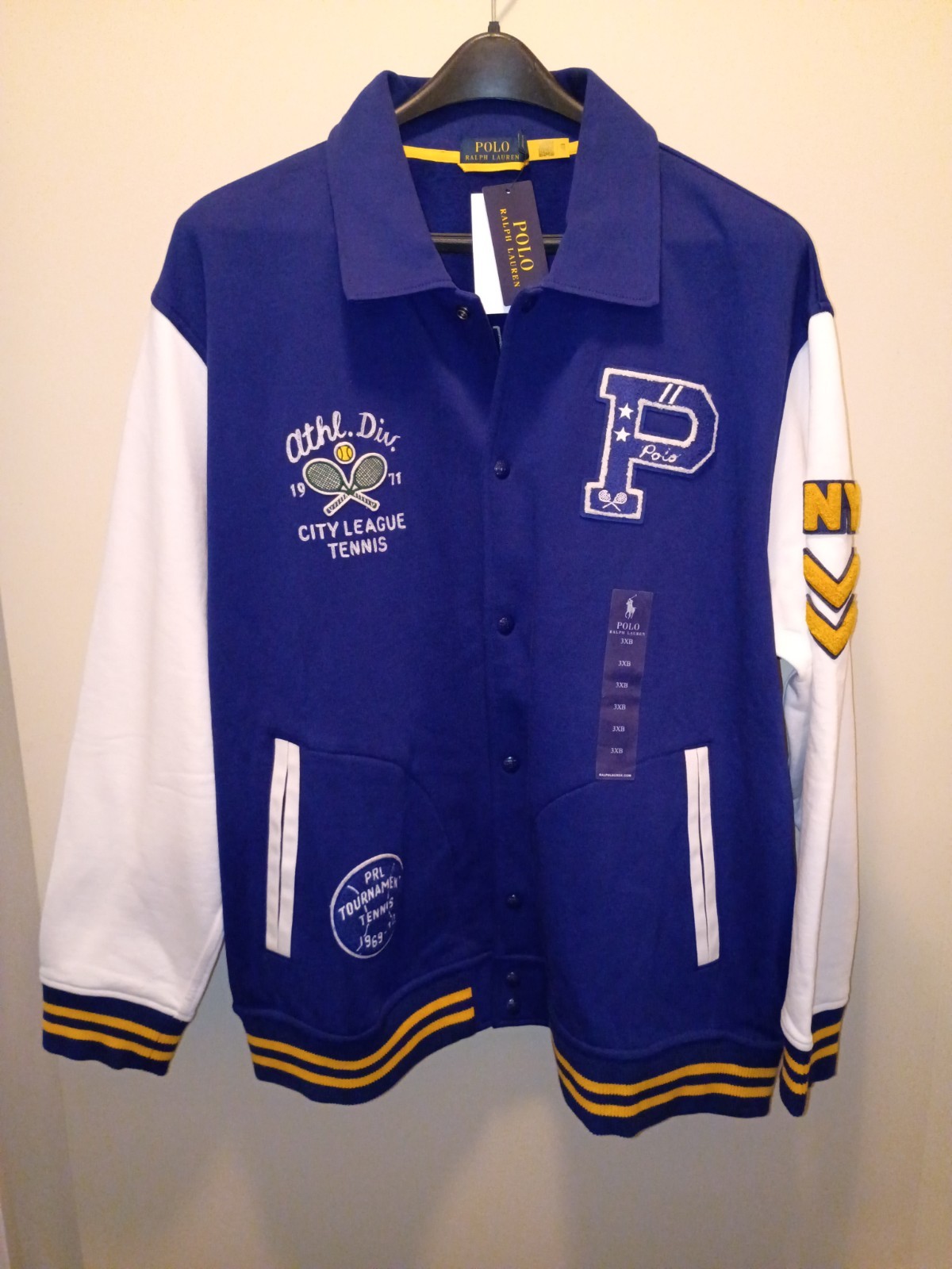 Polo Ralph Lauren Fleece Letterman Jacket NY Tennis BLUE/YELLOW SZ 3XB NWT