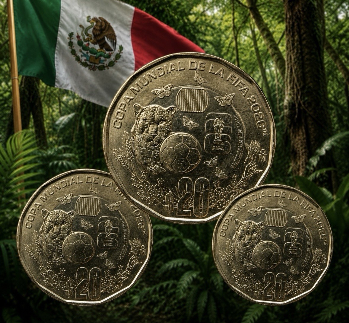 2026 FIFA WORD CUP MEXICO 20 PESOS  BI-METAL  JAGUAR . Lot (5)
