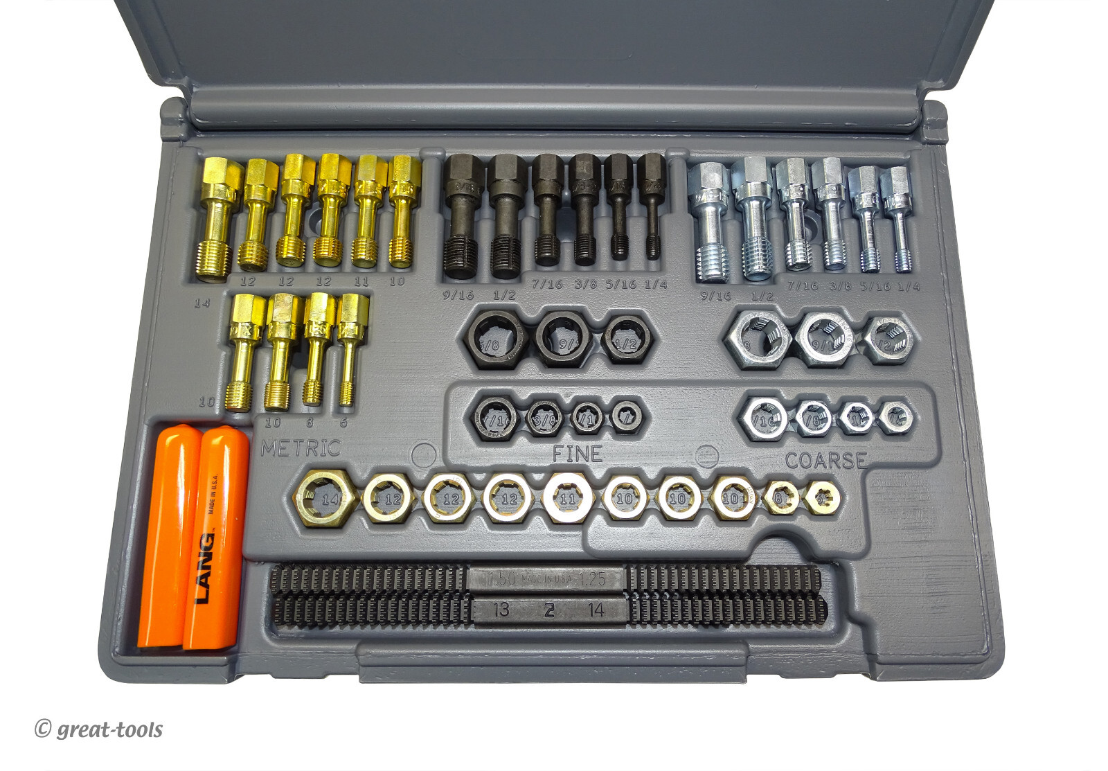 48-PC RETHREADING SET – USA made Lang Tools thread restorer tap & dies