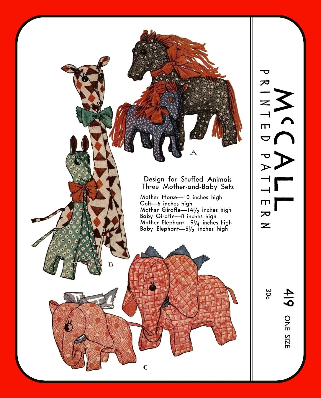 MAMA and BABY Stuffed Animals Pattern 419 Elephant Pony Giraffe Vtg 1936 Craft
