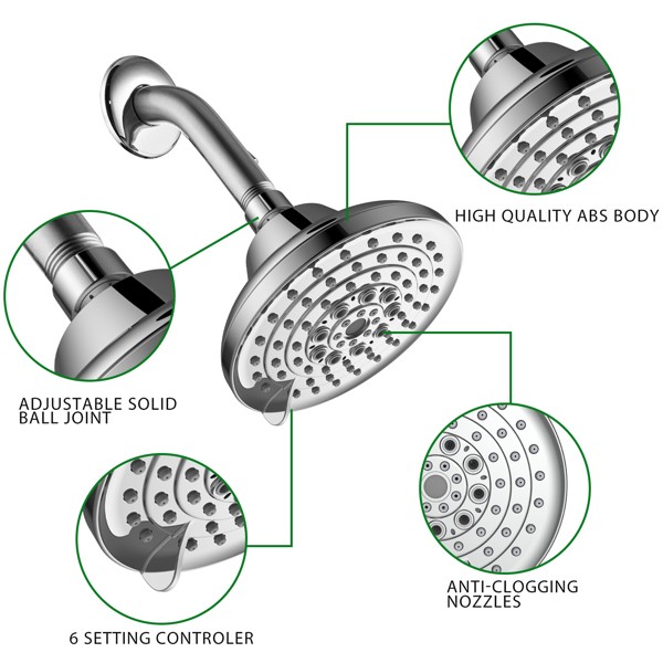 High Pressure Rain Shower Head Adjustable Fixed 5”6 Spray Settings For Bathroom