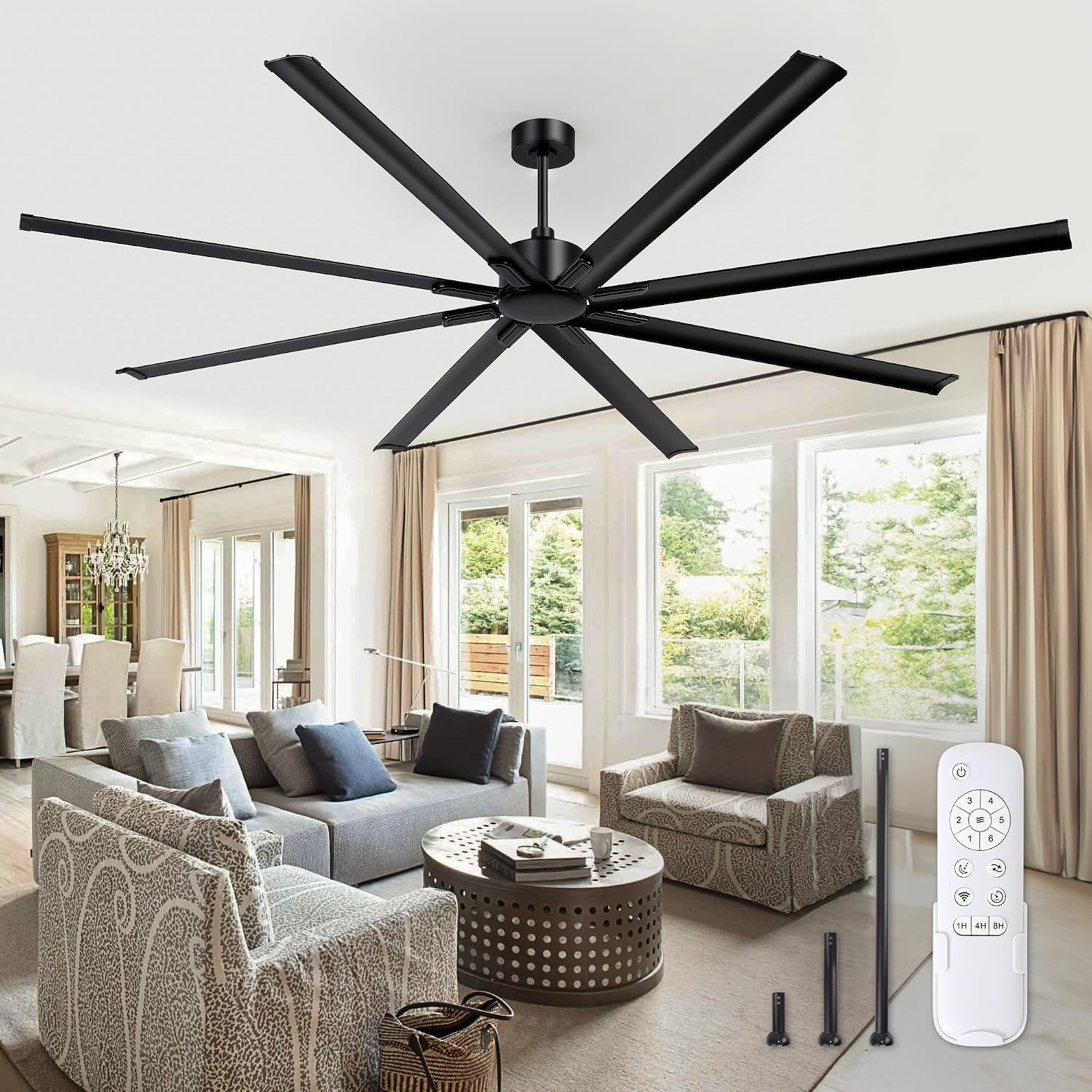 96 Inch Industrial Ceiling Fan without Light, 8 Aluminum Blades | DC Motor, Damp