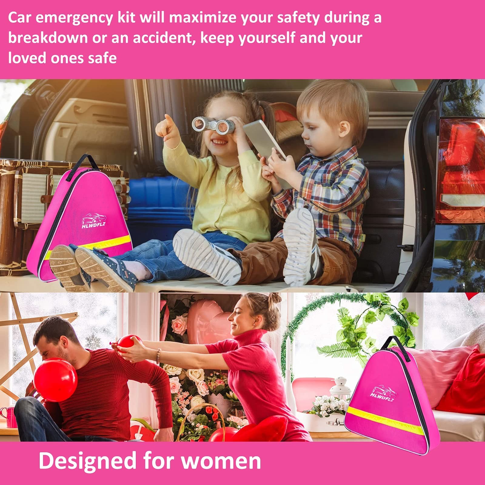 Pink Roadside Assistance Kit with Jumper Cable, Tow Rope, LED Road Flare, Dee...