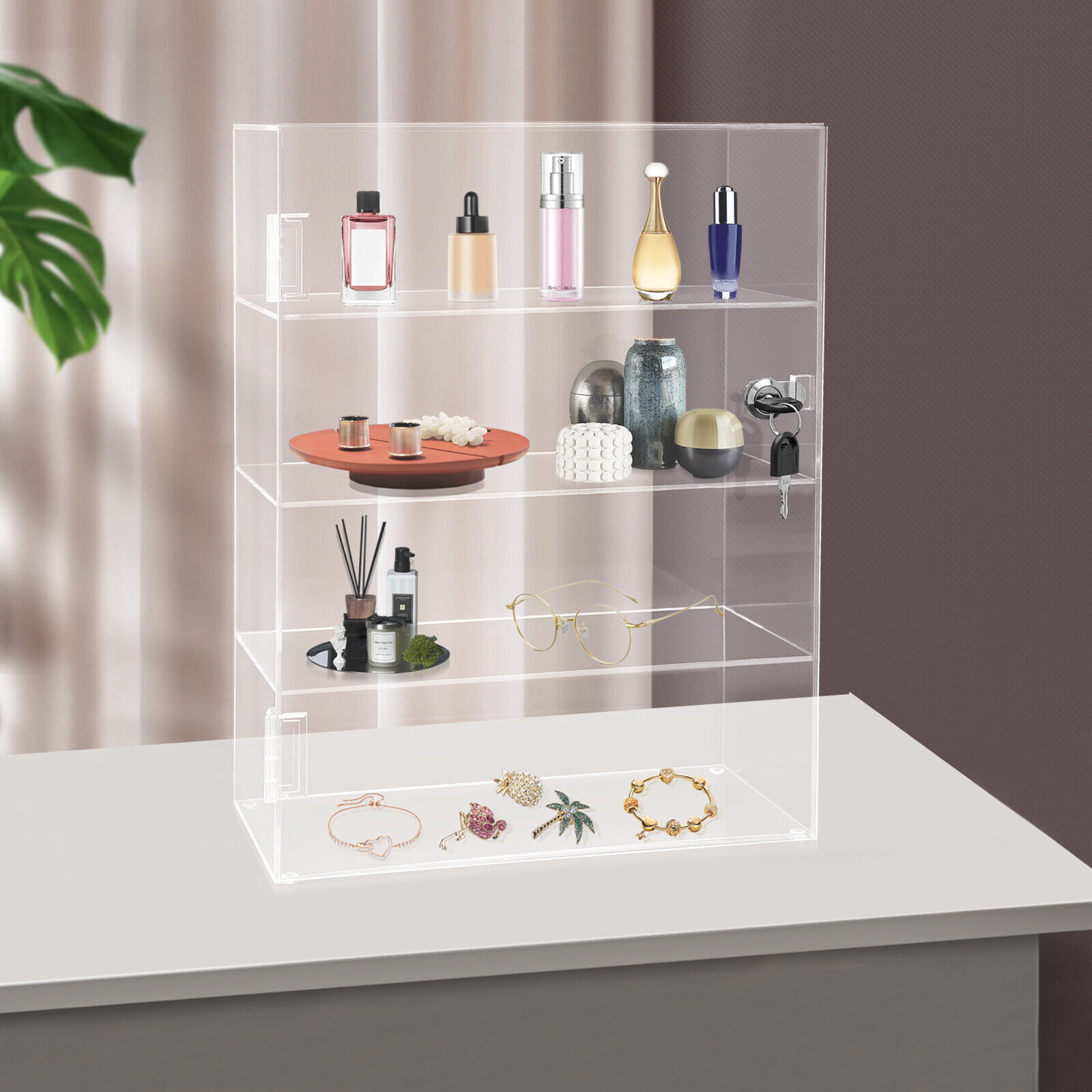 4-Layer Clear Acrylic Display Case 30 × 15 × 40 cm Lockable Countertop Showcase