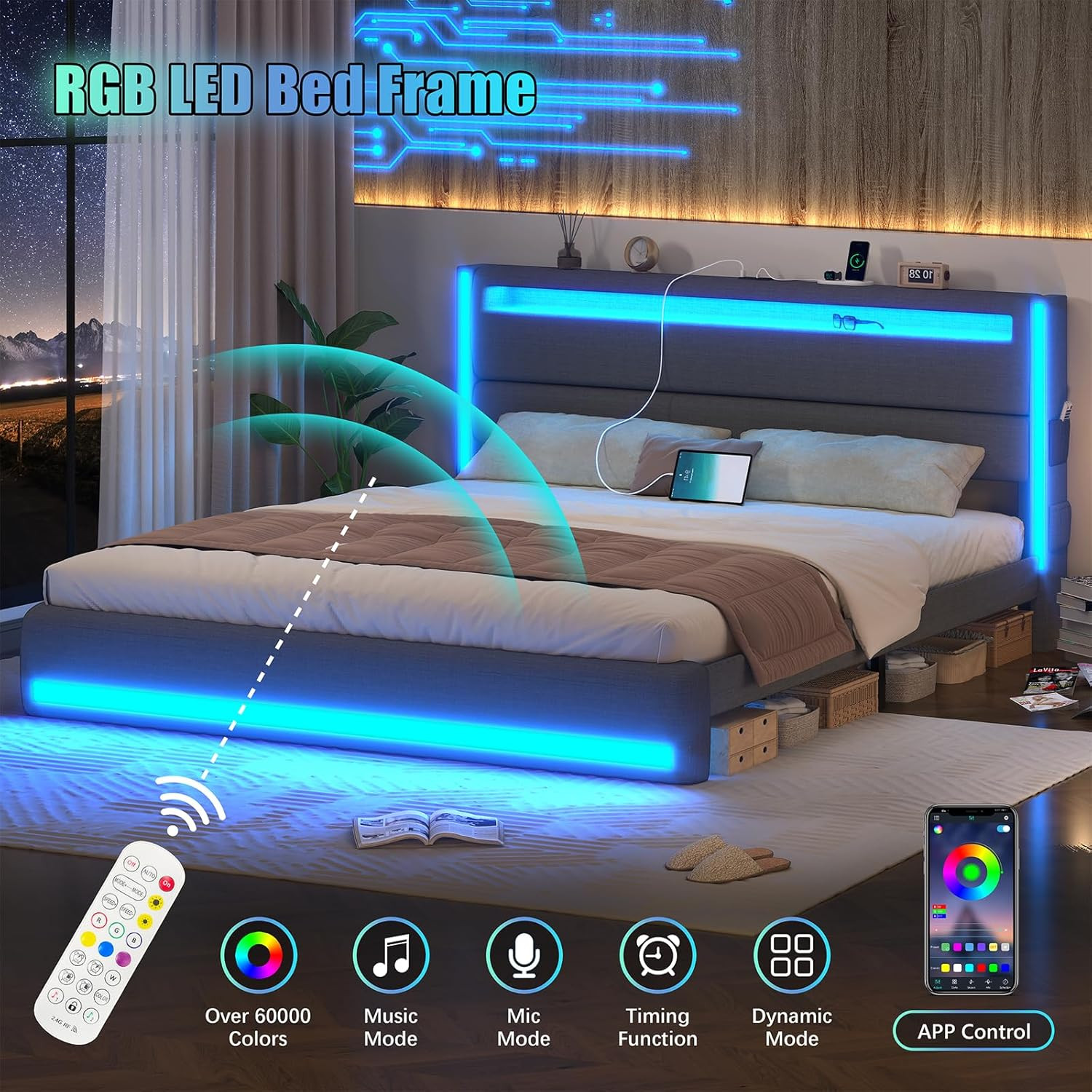King Size Bed Frame and Adjustable Headboard, Light up King Size Platform Bed Fr
