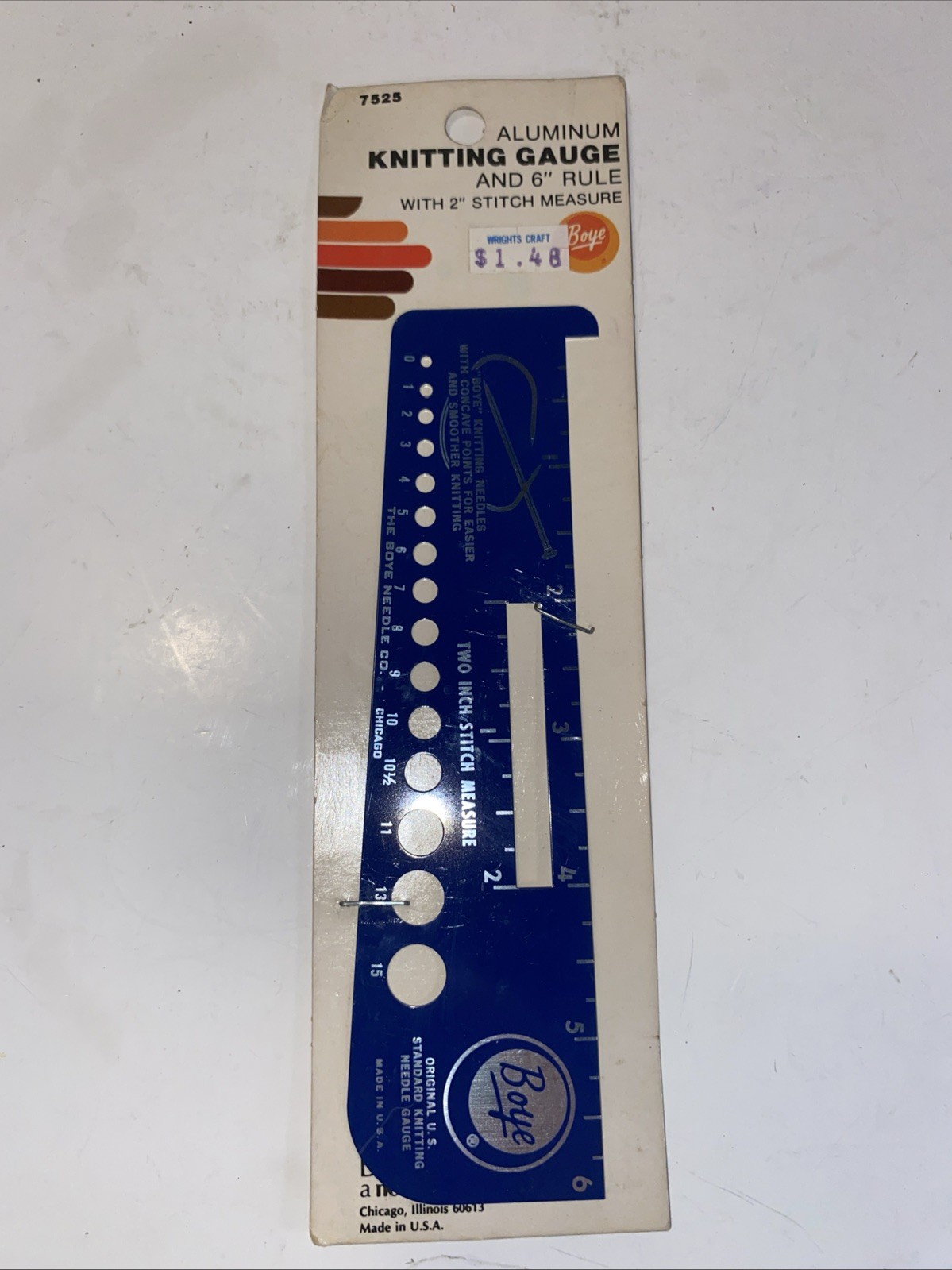 Vintage Boye U.S. Knitting Needle Gauge Two Inch Stitch Measure 6” Ruler NEW