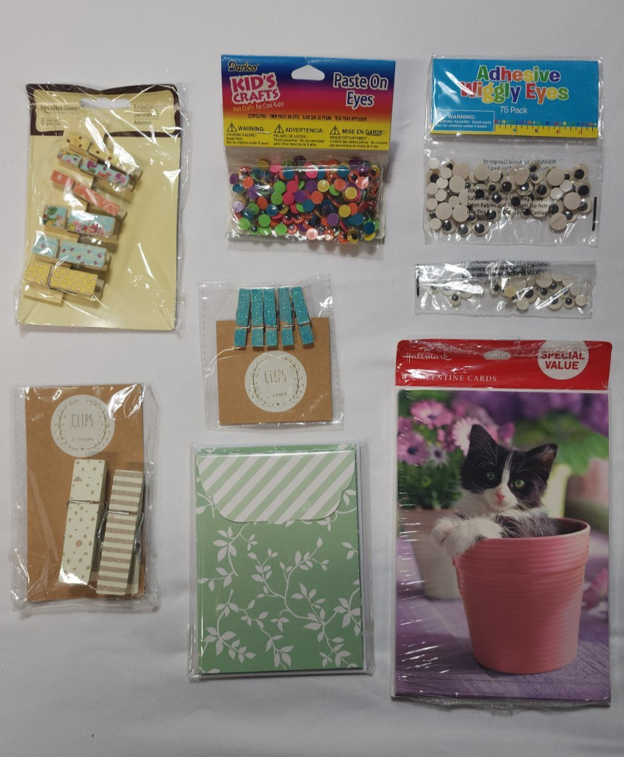 Lot of 7 Crafts: Wooden Clips, Wiggly Eyes, Valentine Cards, and Notecards