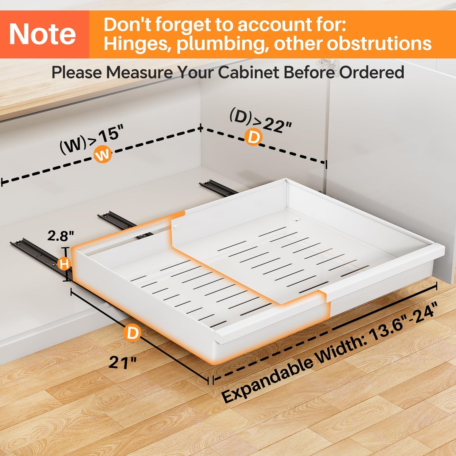 Wider Pull out Cabinet Organizer, Expandable(13.6"-24") Heavy Duty Peel and S...
