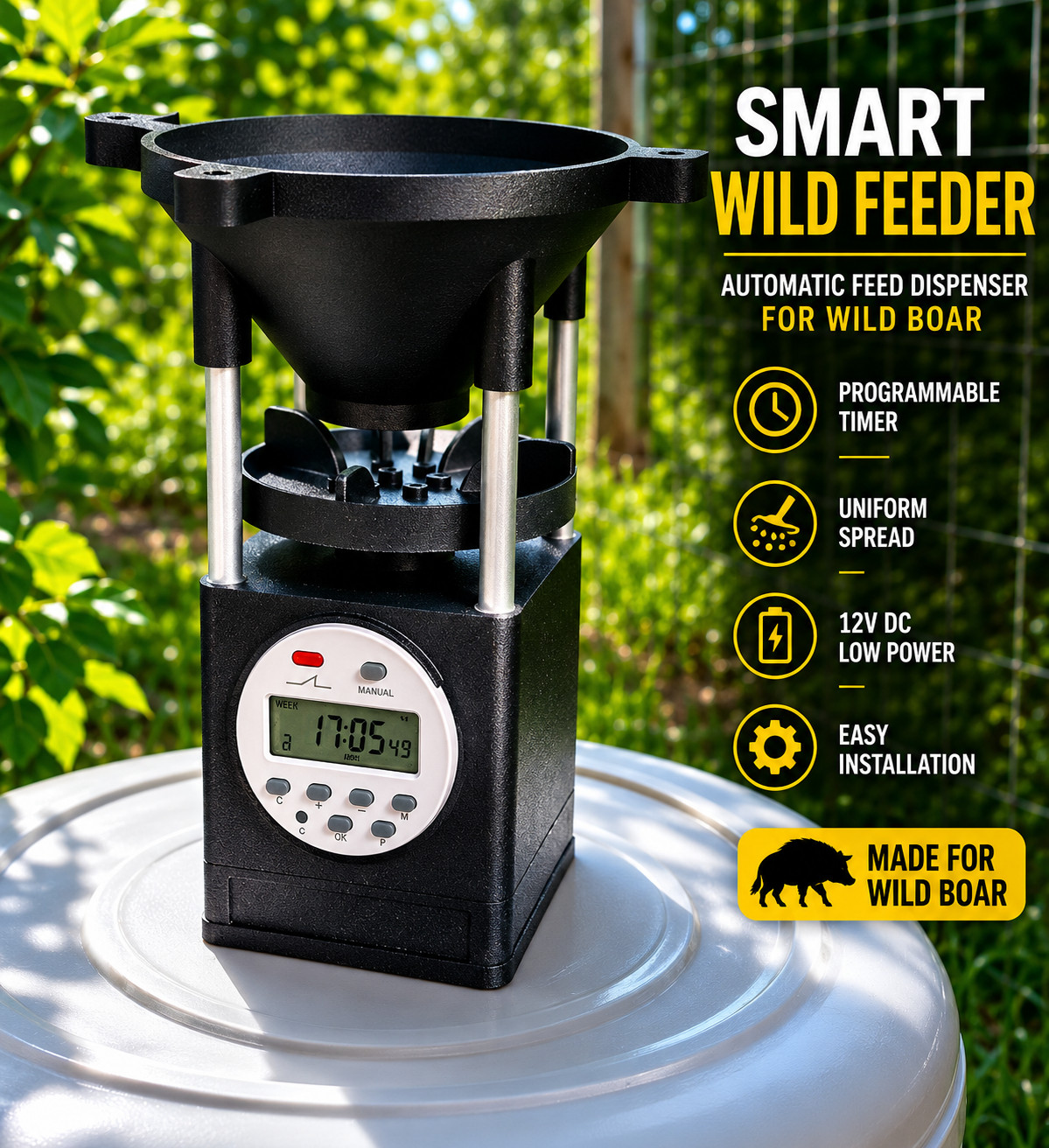 Automatic Deer & Wild Boar Feeder 12V Digital Timer Barrel Mount Wildlife Feeder