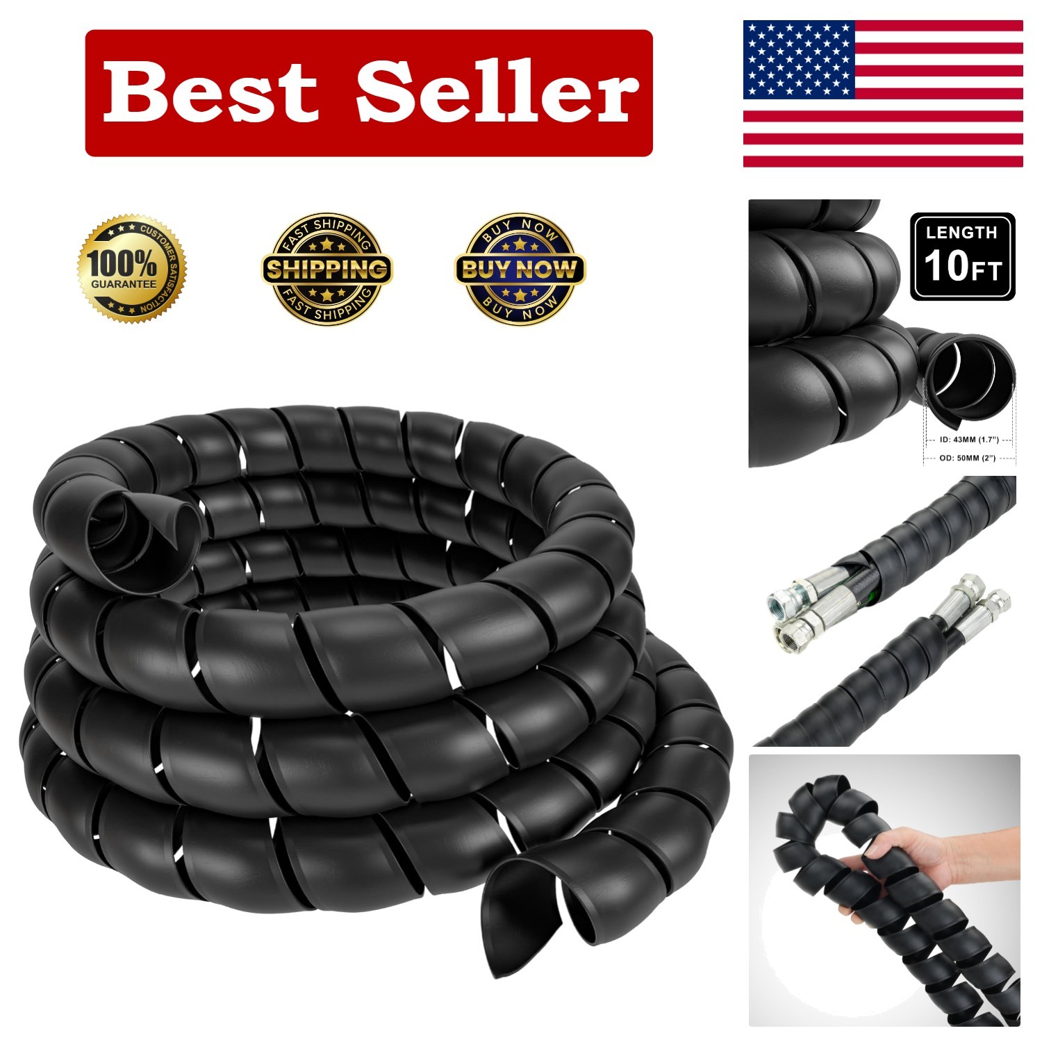 Hydraulic Hose Protector, 2" OD x 10' Length Spiral Wrap