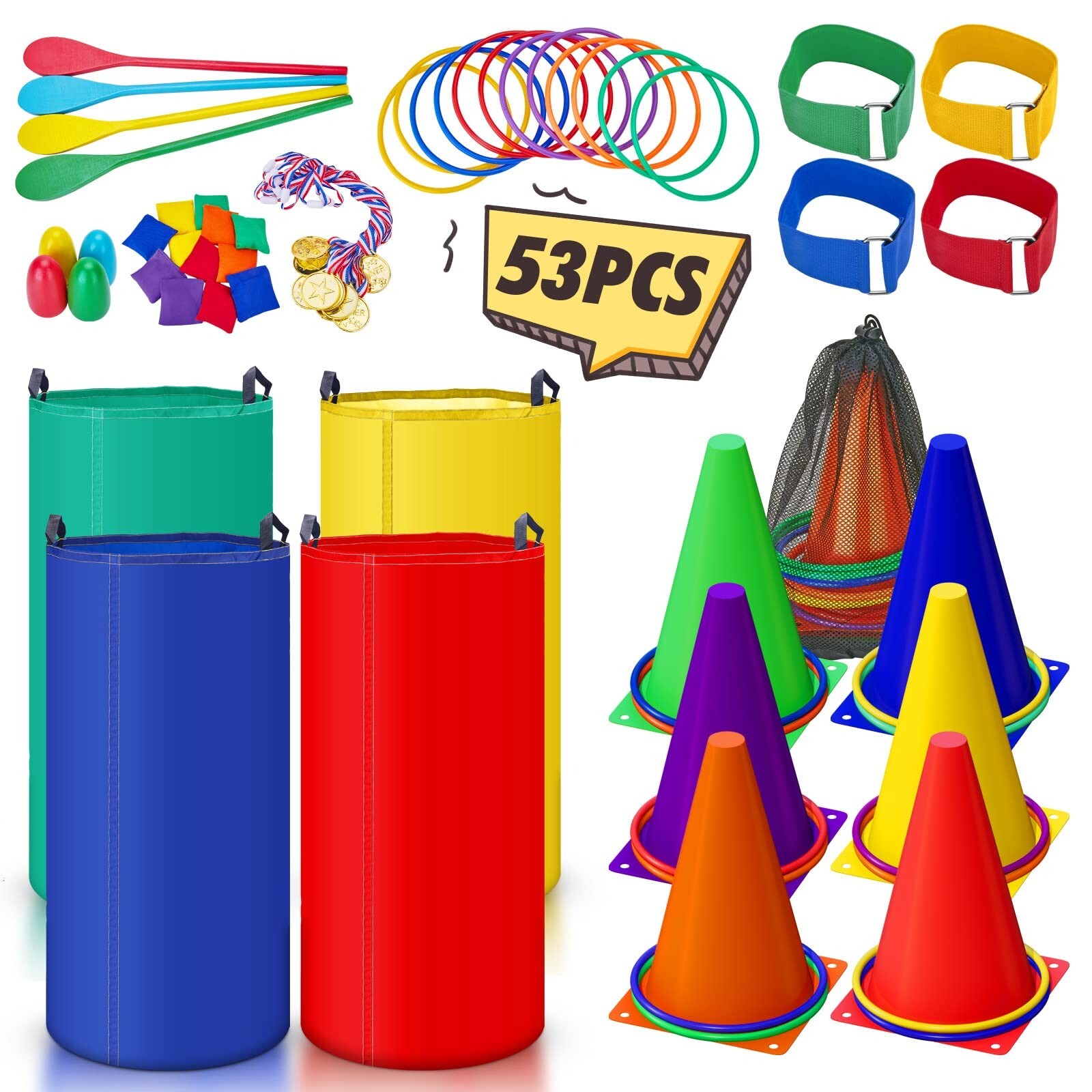 53PCS Outdoor Lawn Carnival Games Bean Bags Ring Toss Set Potato Sack Race Ba...