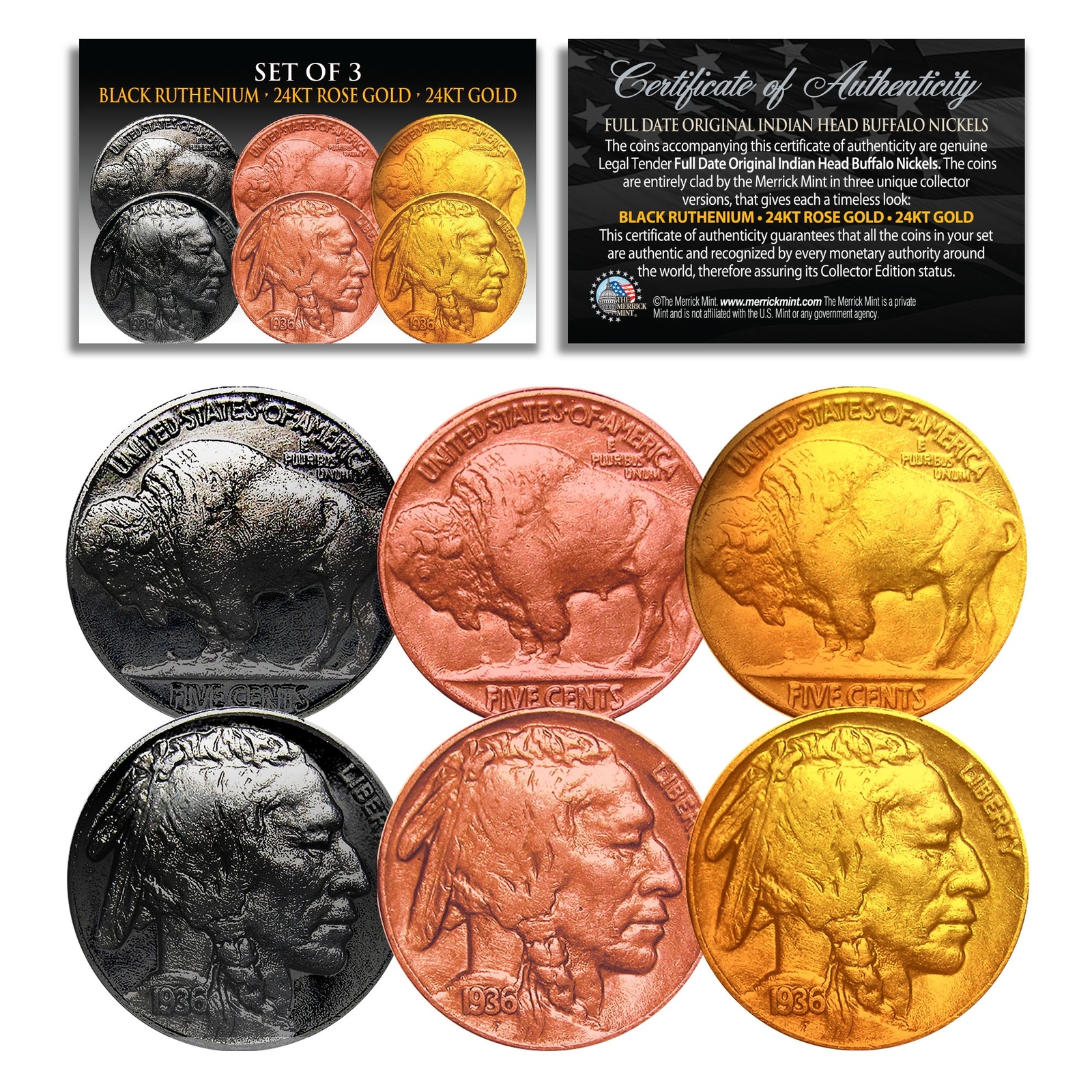1930’s Original Buffalo Indian Head Nickel Coins SET of 3 Rare Metal Versions