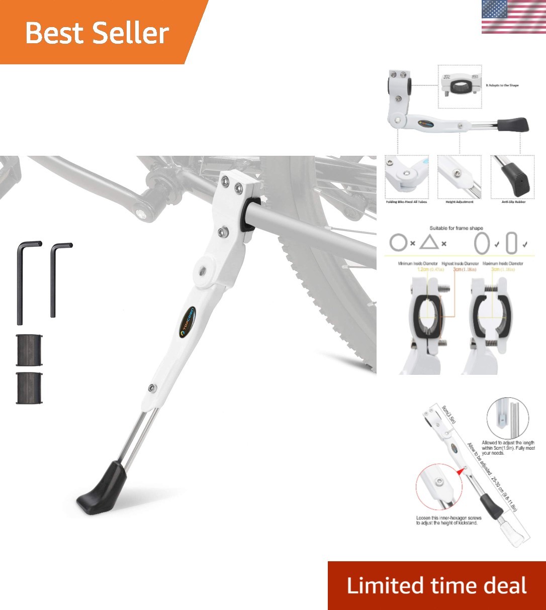 Collapsible White Bike Kickstand - Adjustable Length for Mountain & Road Bikes
