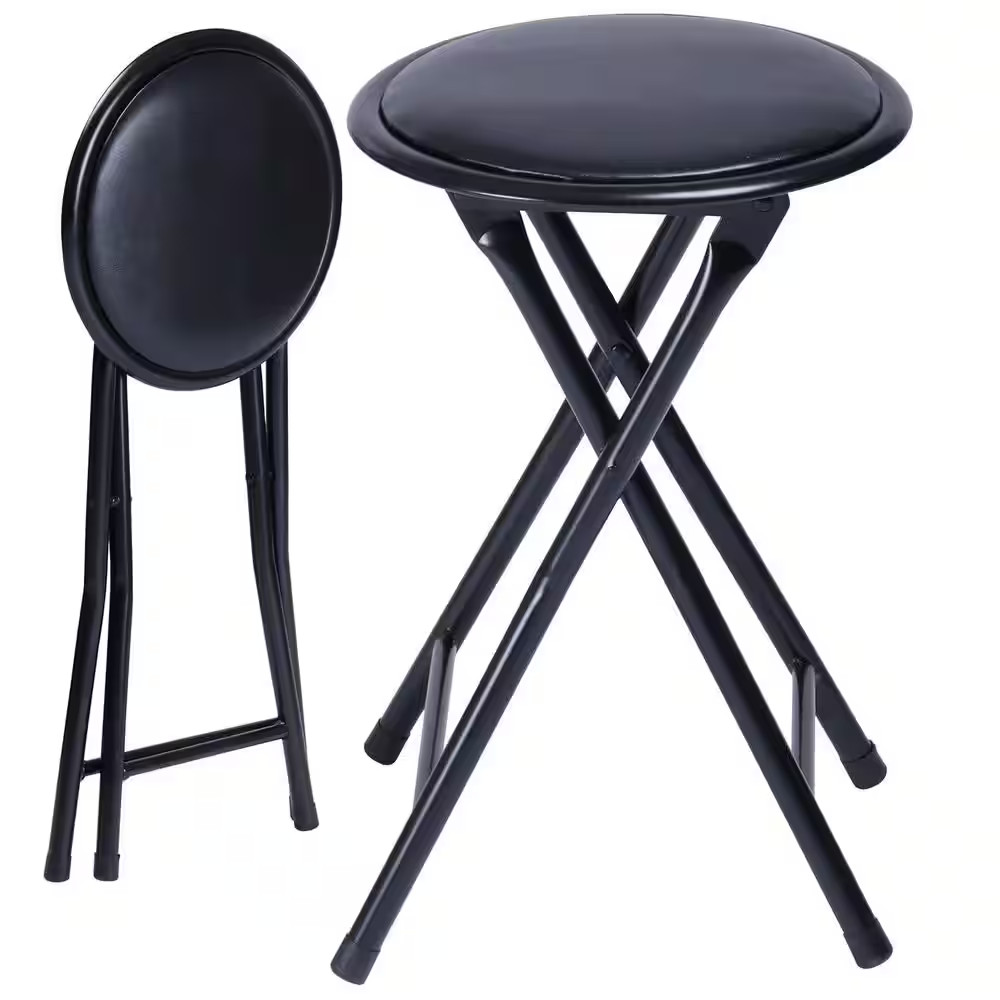 NEW PORT 18.1 In. Black round Metal Folding Stool with Cushioned Polyster Seat (