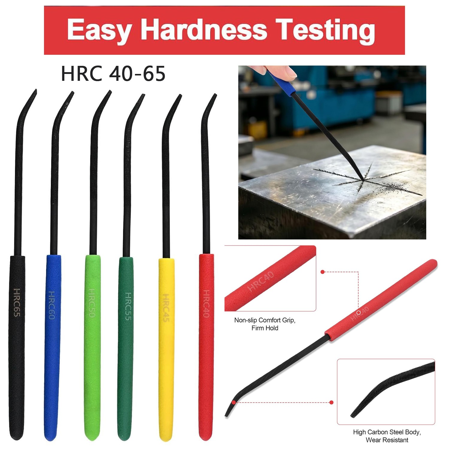 Hardness Test File Set of 6 Color Coded HRC 40 to 65 High Hardened Carbon Steel