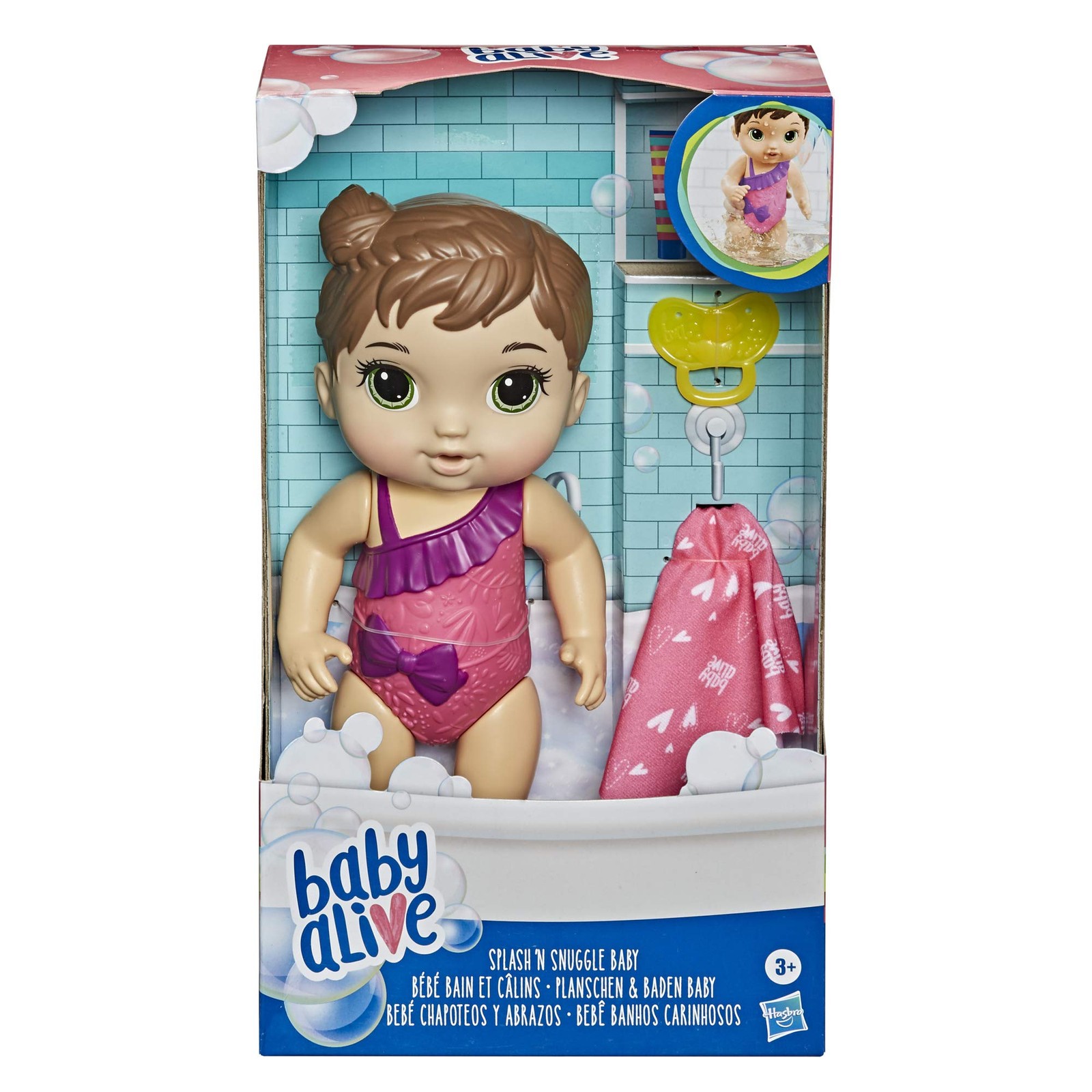 Baby Alive Splash'n Snuggle Baby Brown Hair Doll for Water Play, with Accessorie