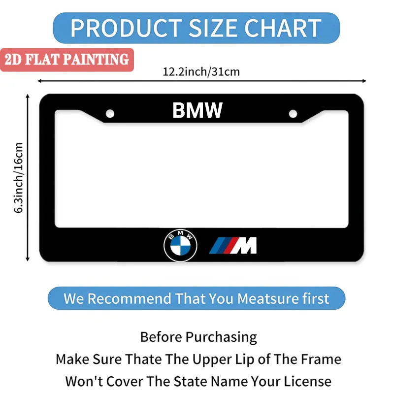 2PC BMW Black License Frames Car License Plate Frame Holder