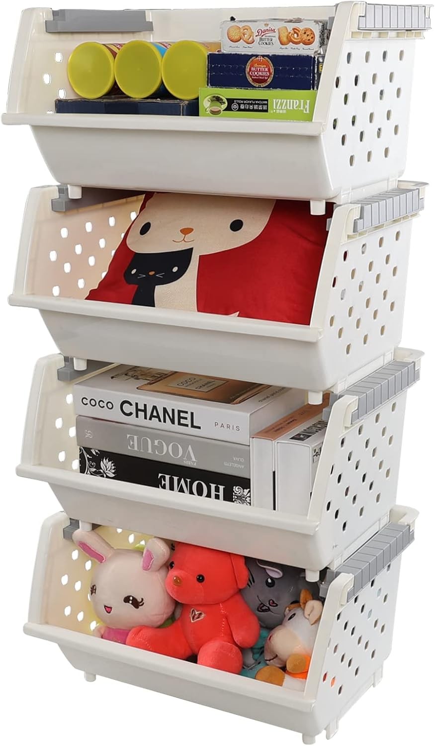 Plastic Stackable Storage Basket Open Front Stacking Storage Bins 4 Pack