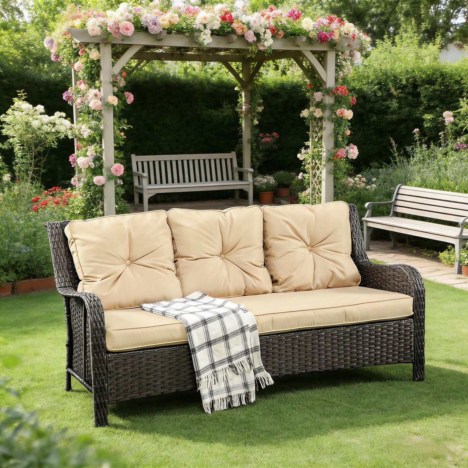 Patio Couch,Rattan Three-Seat Sofa|Beige,Brown Mix