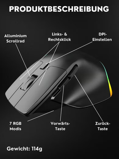 RGB Gaming Mouse Wireless Bluetooth USB-C 2400 DPI Ergonomic Vertical