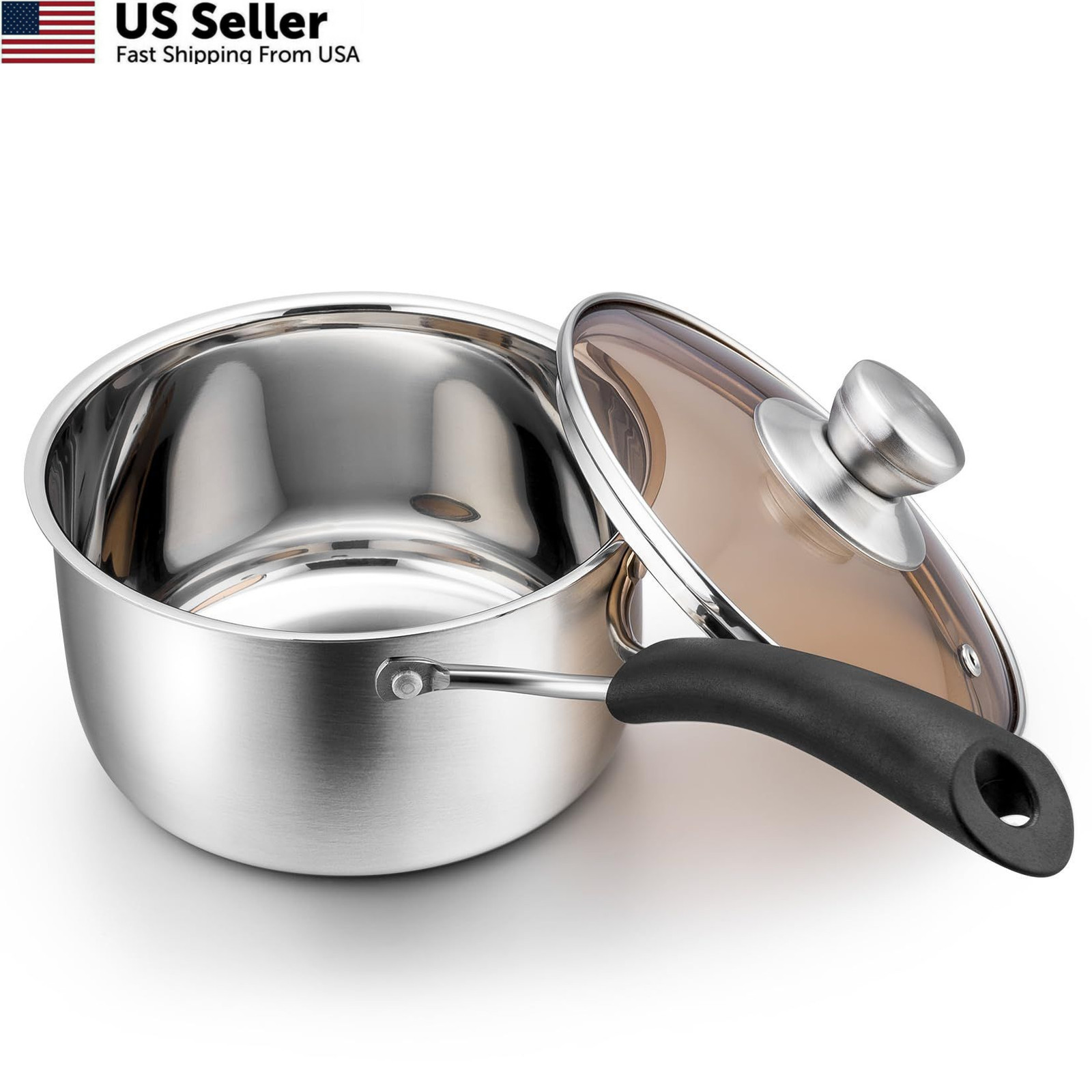 P&P CHEF 2 Quart Saucepan Small Pot, Stainless 2 Quart, Silver, Brown, Black