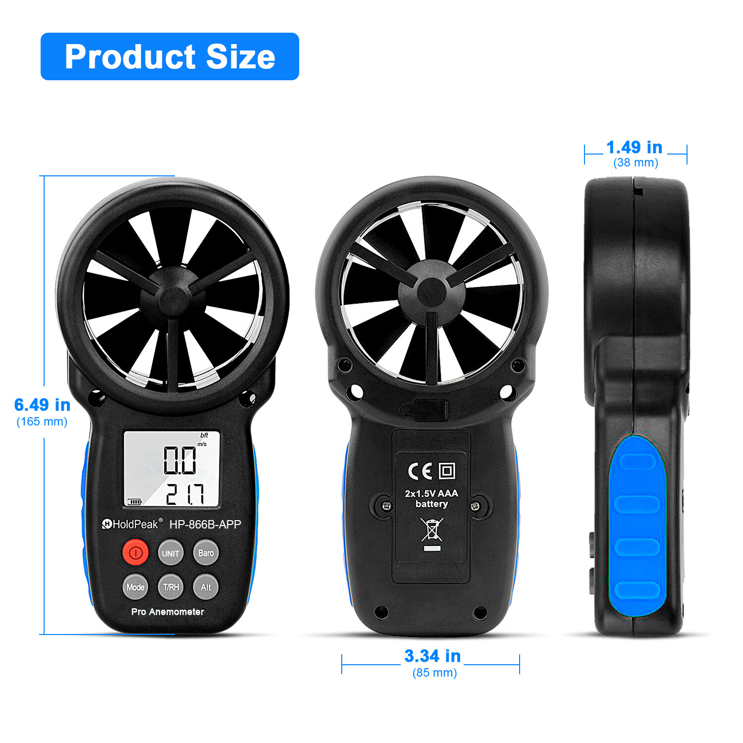 Digital Anemometer Bluetooth Wind Speed Gauge Meter 0.3-30M/s Temp Wind Chill