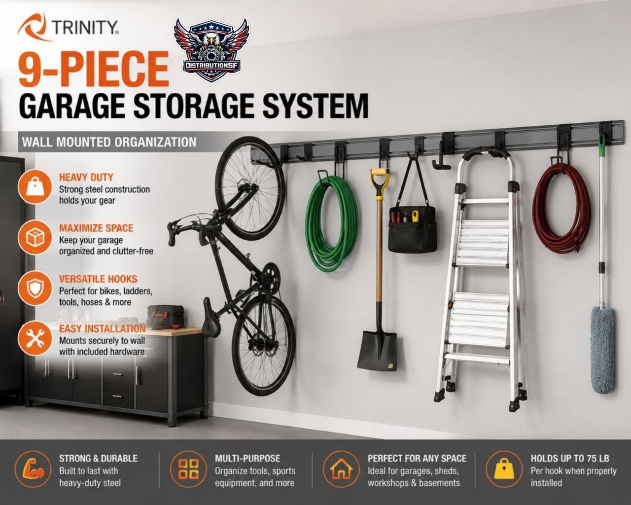 TRINITY 9-Piece Garage Storage Track Wall Organizer Rail w/ Hooks Gray