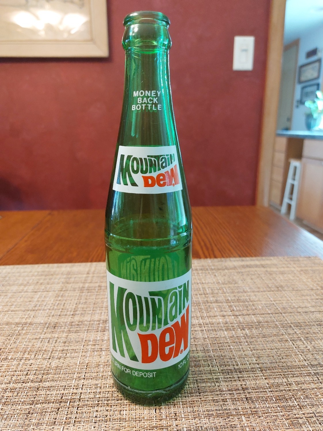 Vintage 1970s Mountain Dew Bottle 10 fl oz - Money Back Green Glass Collectible